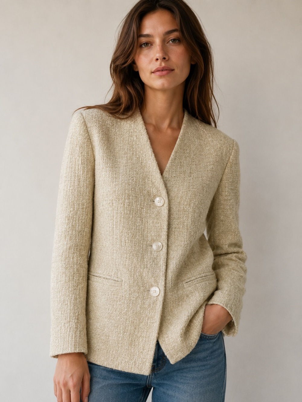 Diane Von Furstenberg Cream Textured Tweed Blazer Jacket Women’s 6 Designer